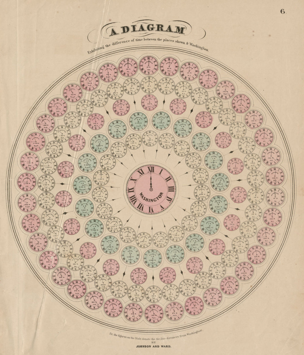 Time differences & zones from Washington DC, by Johnson & Ward. Pre UT c1865