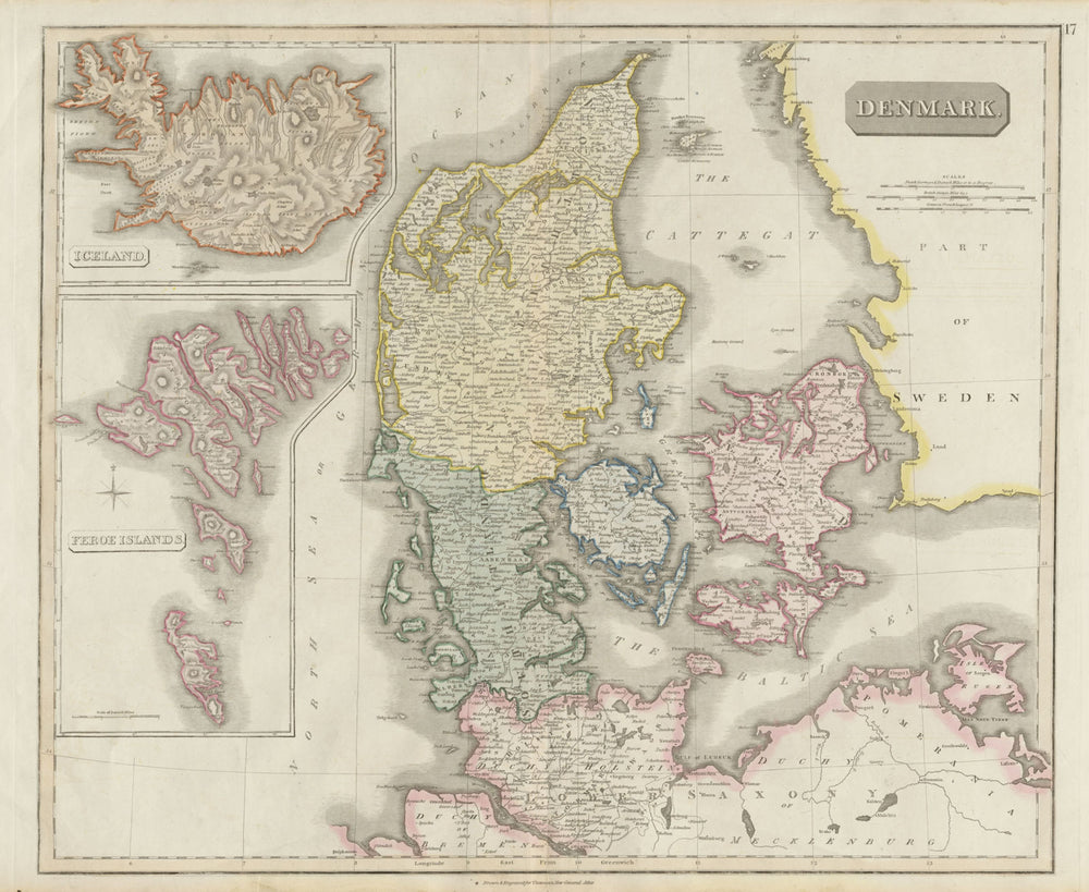Denmark, Iceland & the Feroe (Faroe) islands by John Thomson 1817 old map