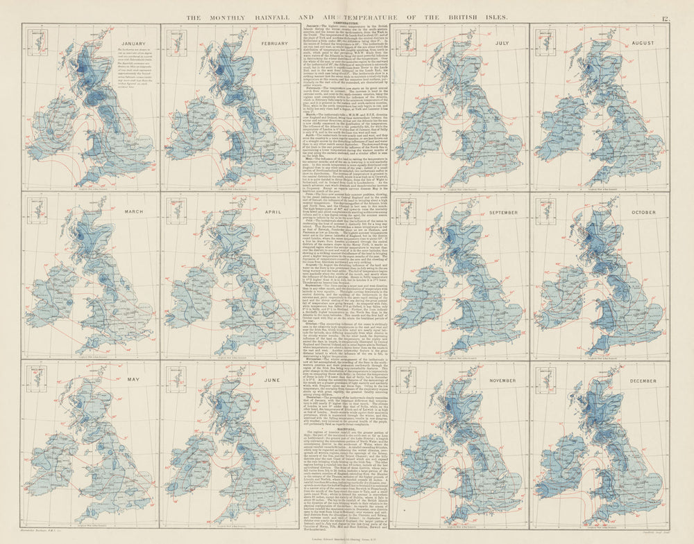 British Isles. Monthly rainfall & air temperature. 61x55cm. STANFORD 1887 map
