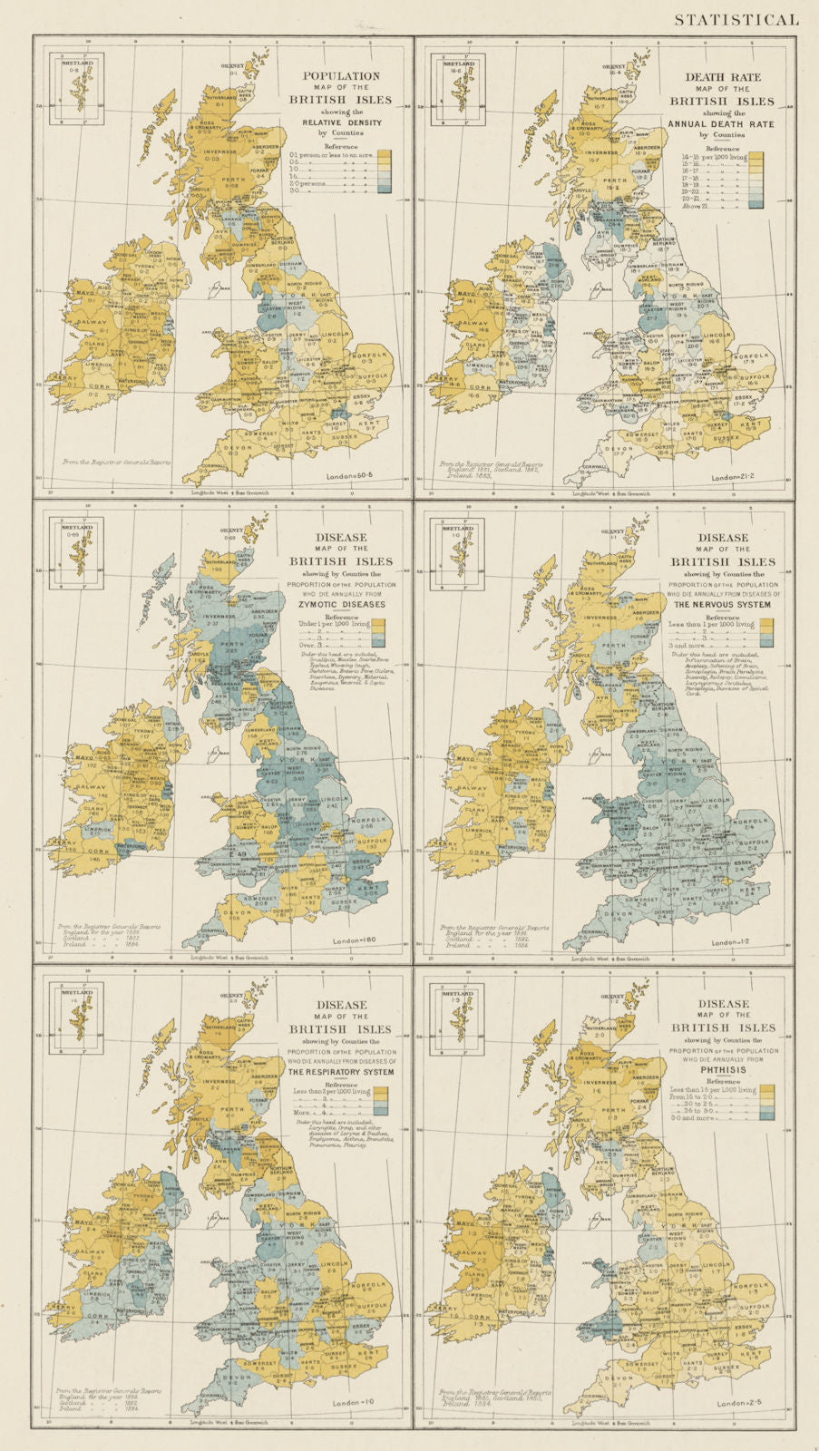 British Isles population death rate diseases contagious TB. STANFORD 1887 map