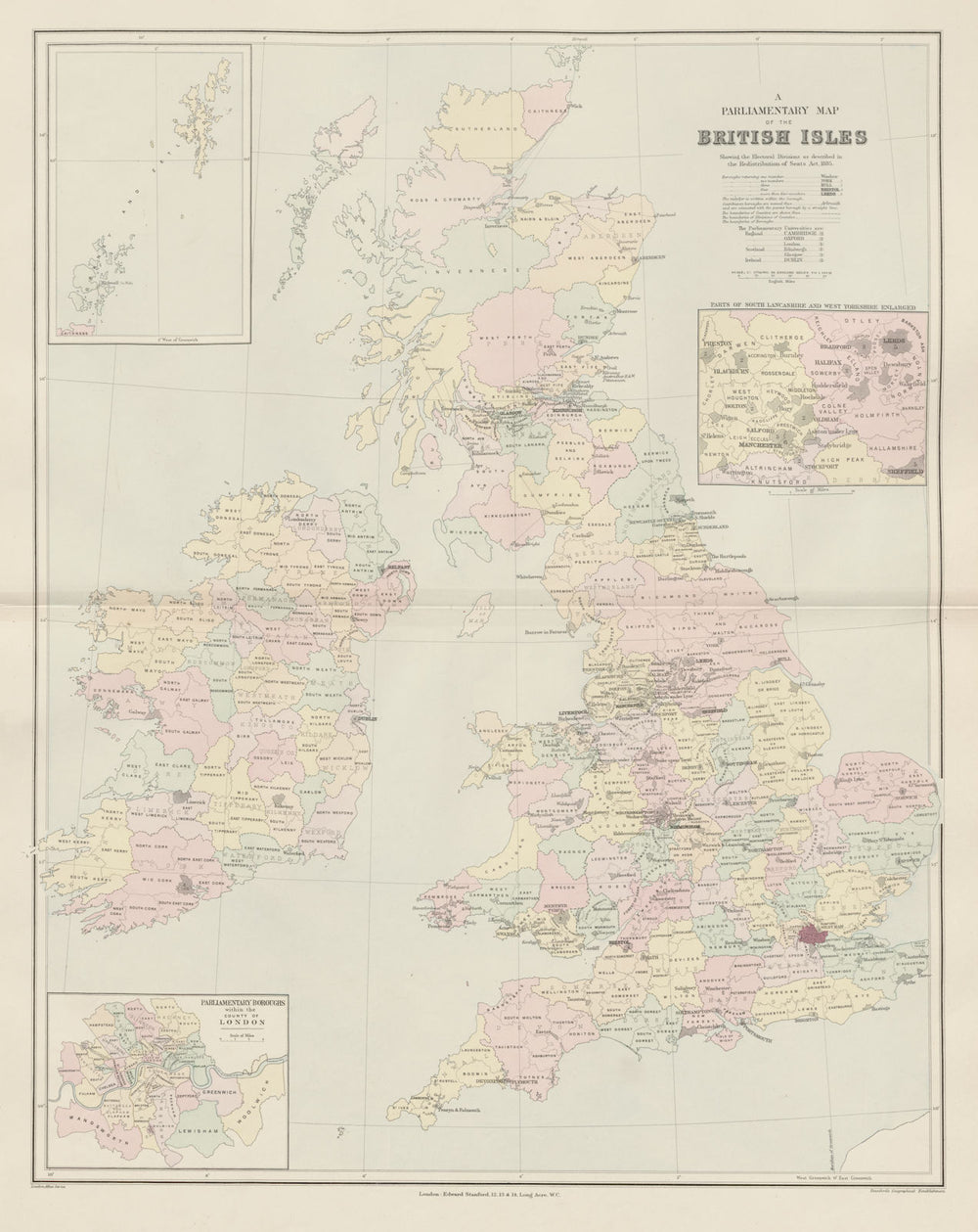 British Isles Parliamentary constituencies. Large 64x51cm. STANFORD 1904 map
