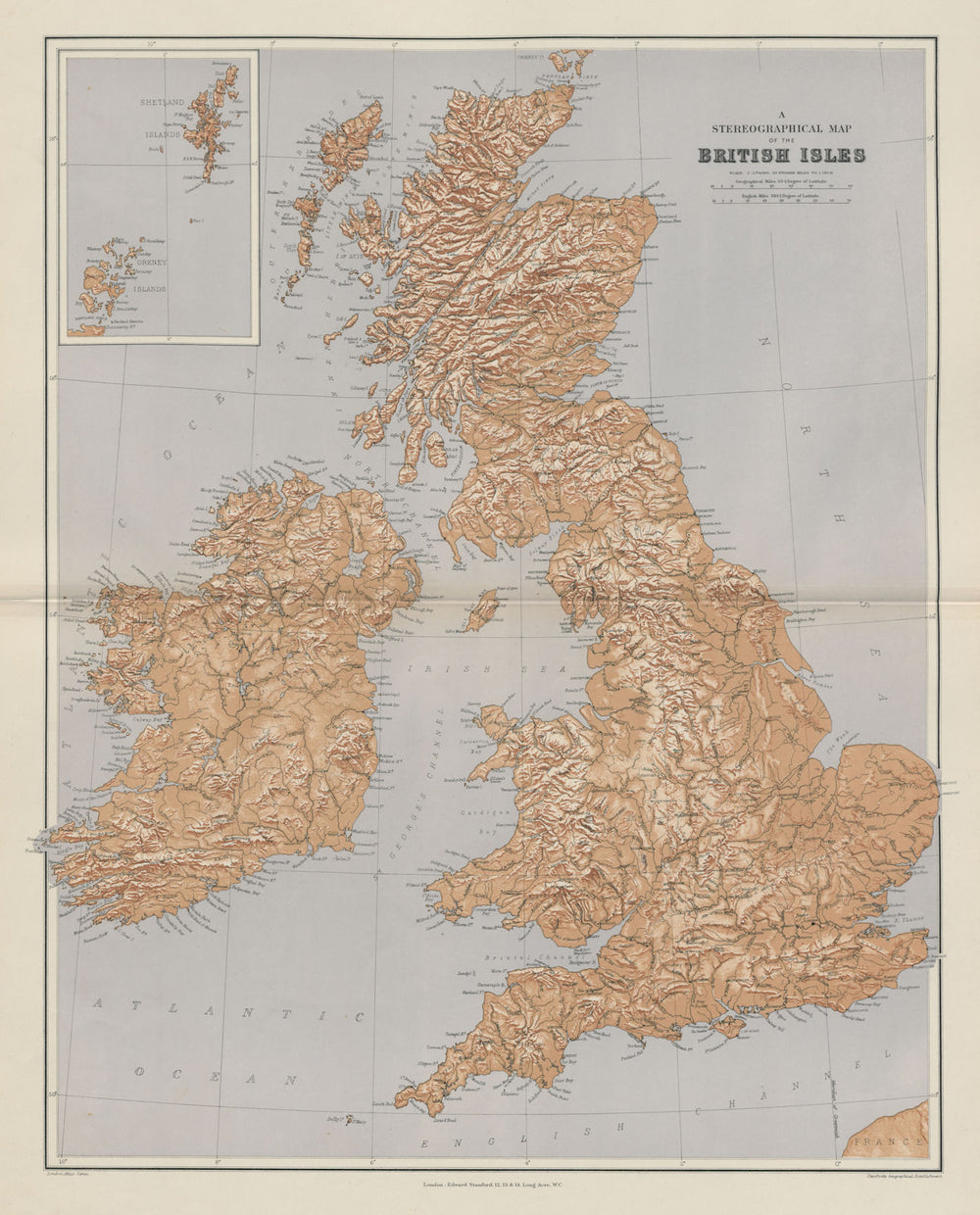 British Isles Stereographical. Mountains rivers. Large 65x52cm STANFORD 1904 map
