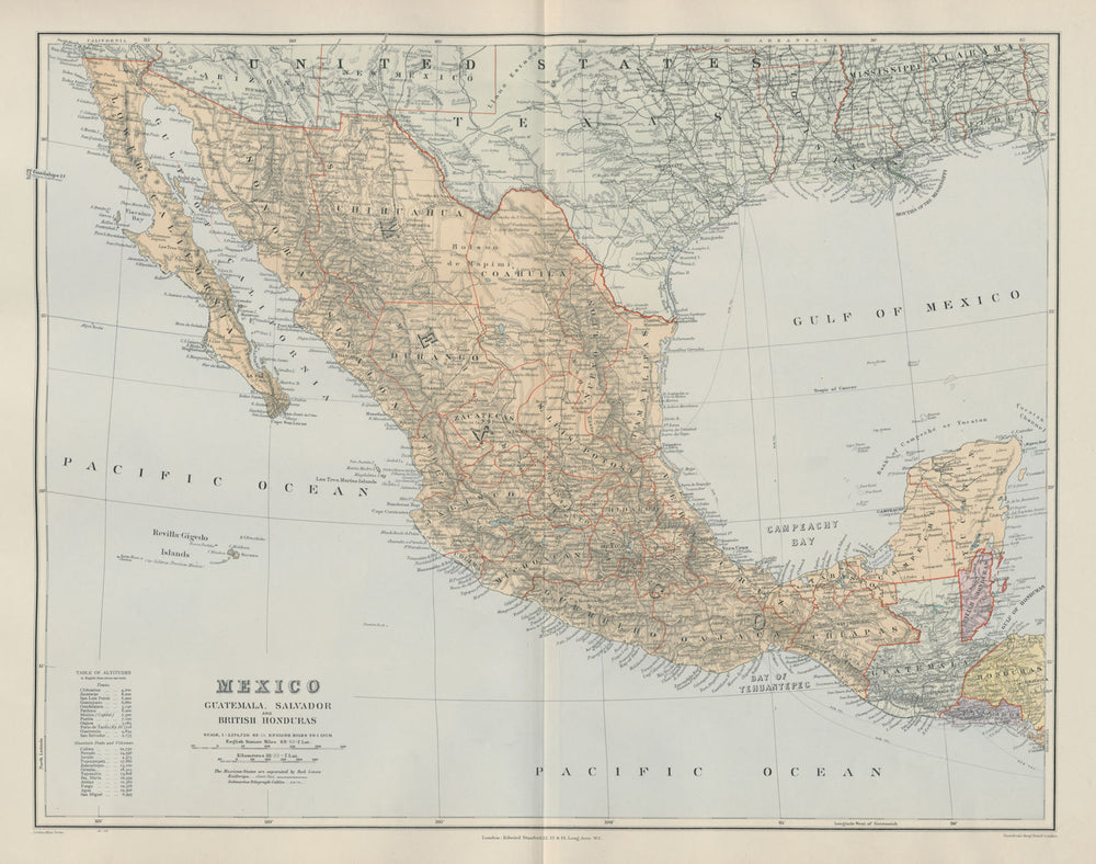 Mexico Guatemala El Salvador Belizes. Revillagigedo Socorro. STANFORD 1904 map