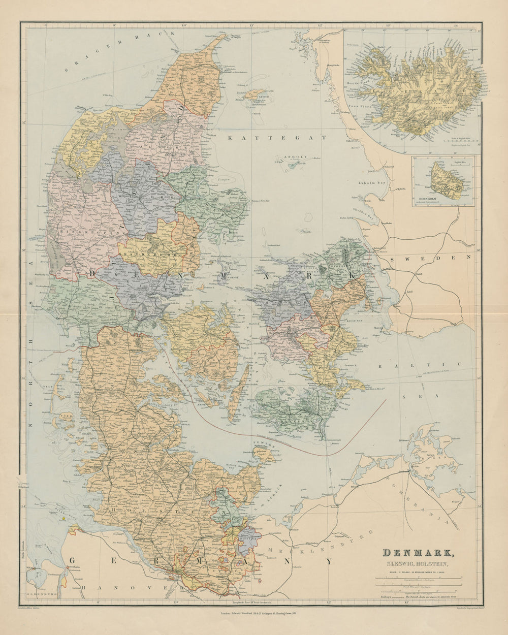 Denmark, Schleswig & Holstein. Iceland Bornholm. Large 66x52cm STANFORD 1894 map