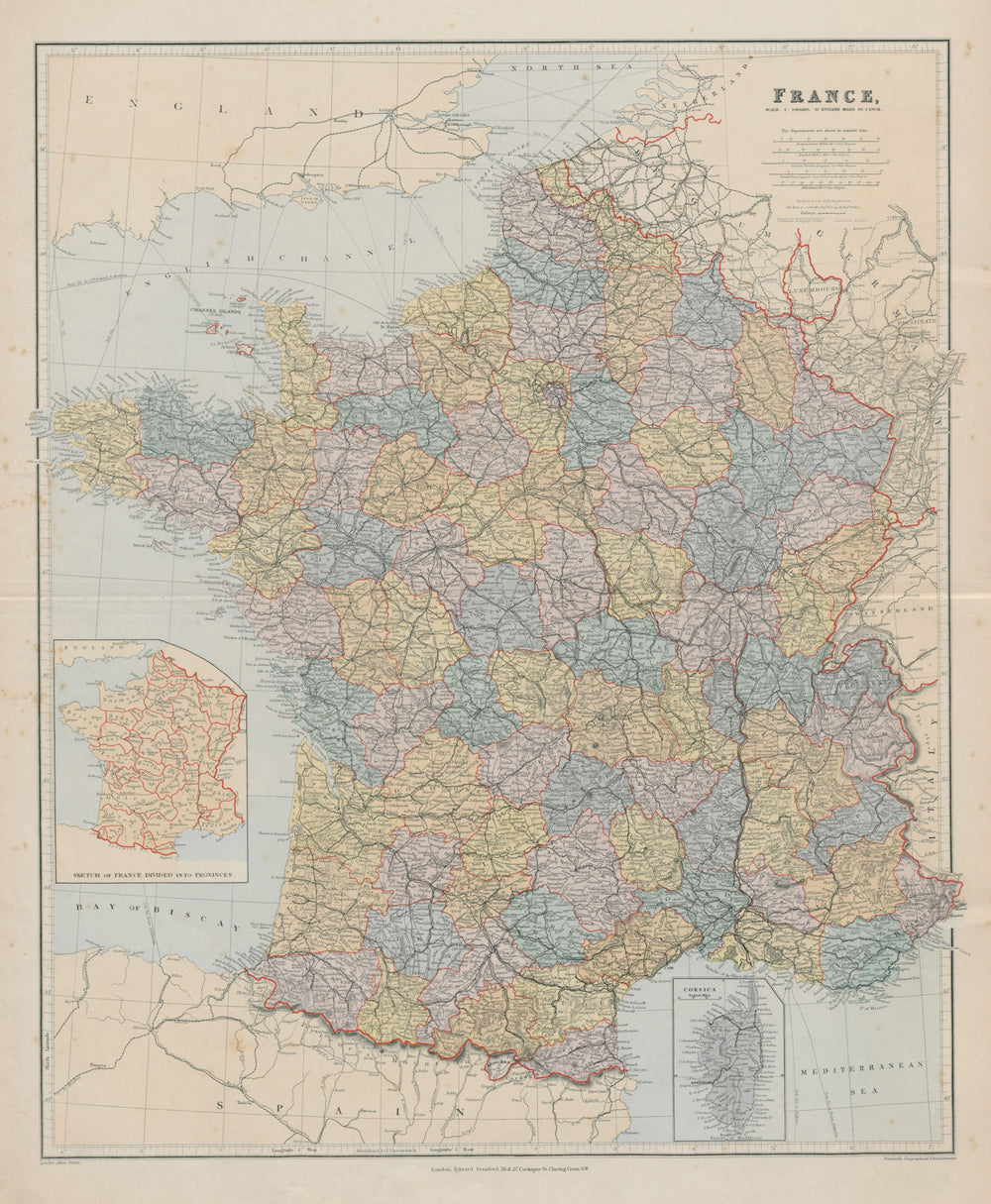 France in departements without Alsace Lorraine. Large 65x54cm. STANFORD 1894 map