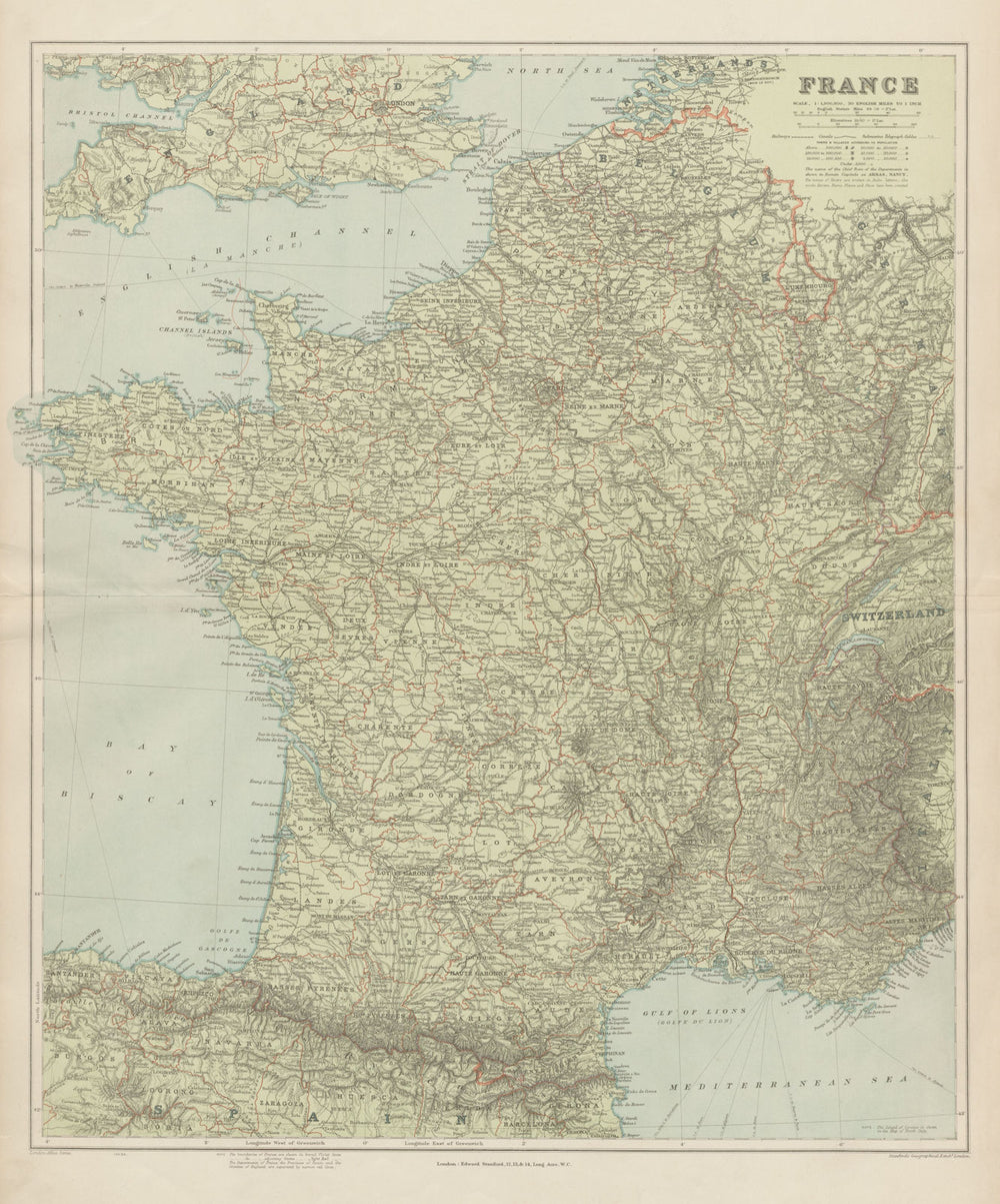 France physical. Mountains & rivers. Large 66x55cm. STANFORD 1904 old map