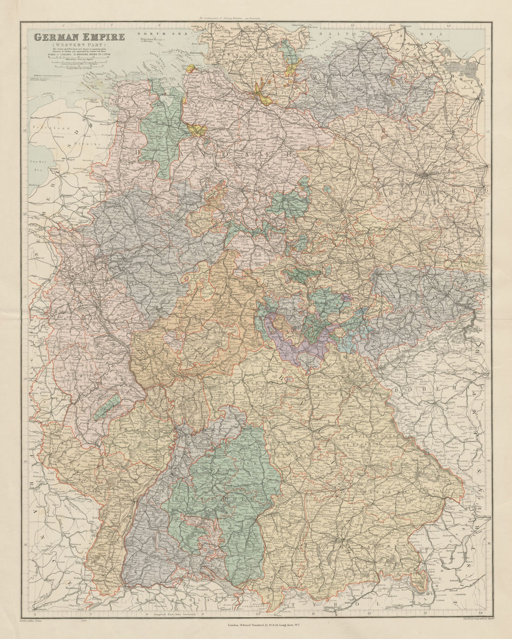 German Empire western part. Germany. Large 65x52cm. STANFORD 1904 old map