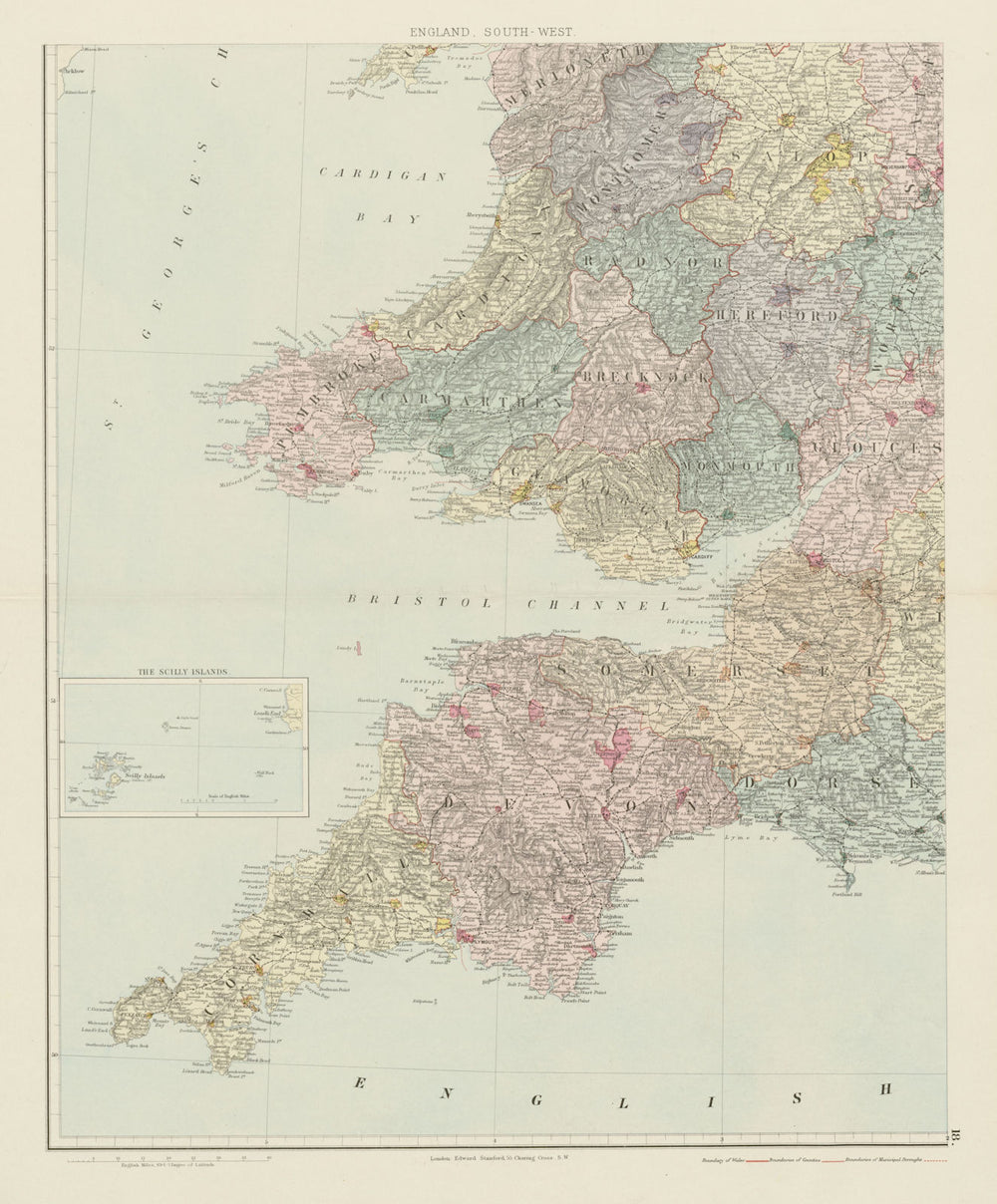 South-west England & South Wales. Large 62x51cm. STANFORD 1887 old antique map