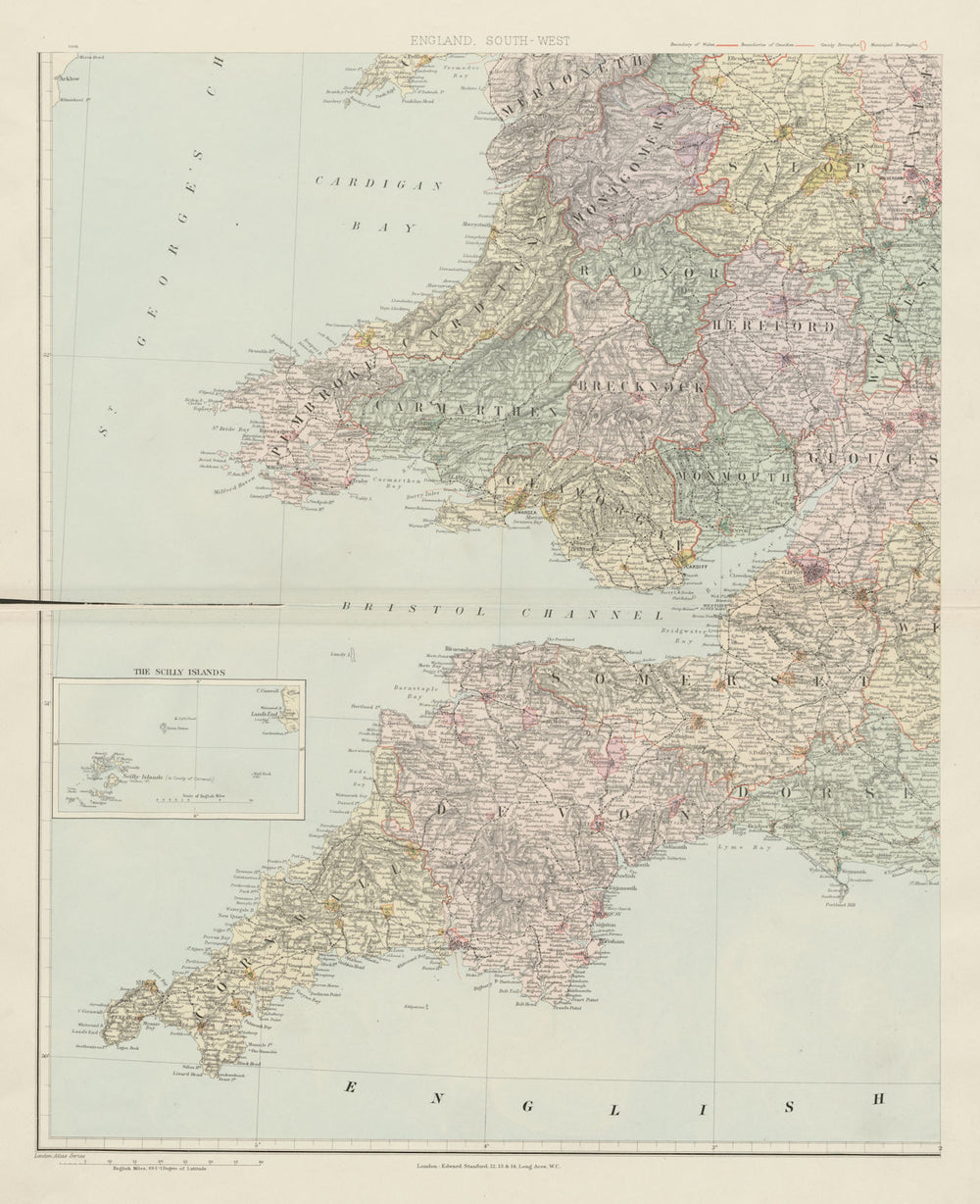 South-west England & South Wales. Large 62x51cm. STANFORD 1904 old antique map