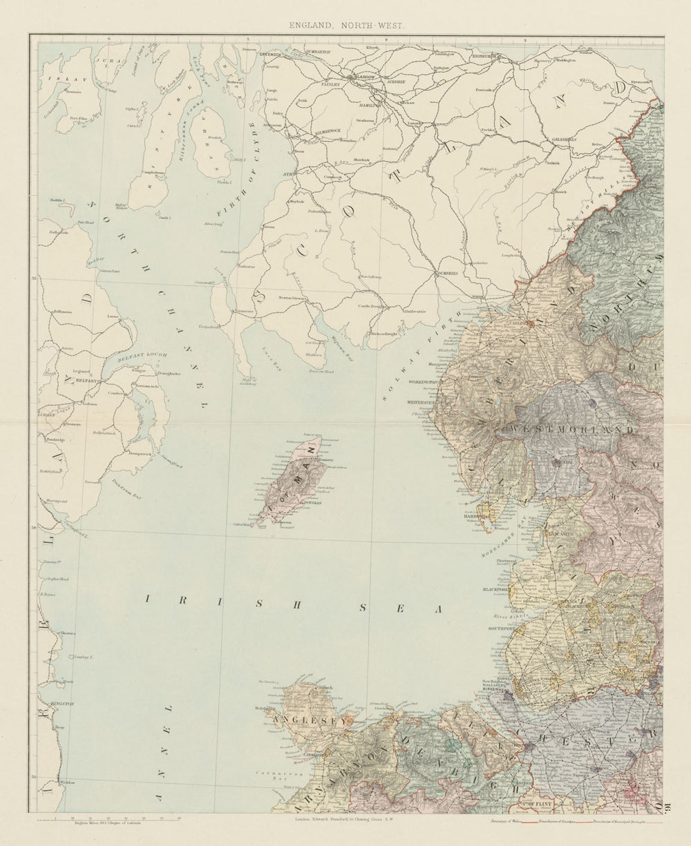 North west England & North Wales. Isle of Man. Large 62x50cm. STANFORD 1887 map