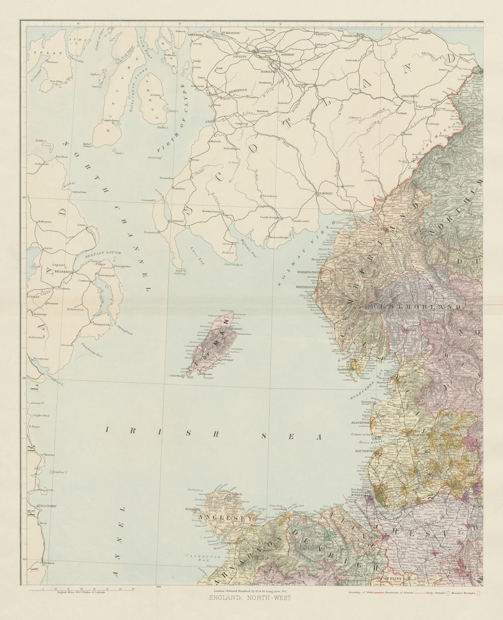 North west England & North Wales. Isle of Man. Large 62x50cm. STANFORD 1904 map