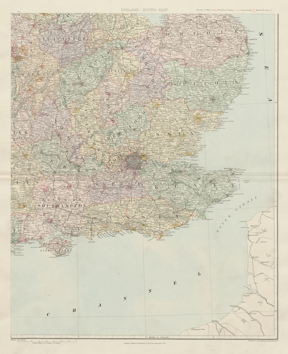 South east England. Counties & boroughs. Large 62x50cm. STANFORD 1904 old map