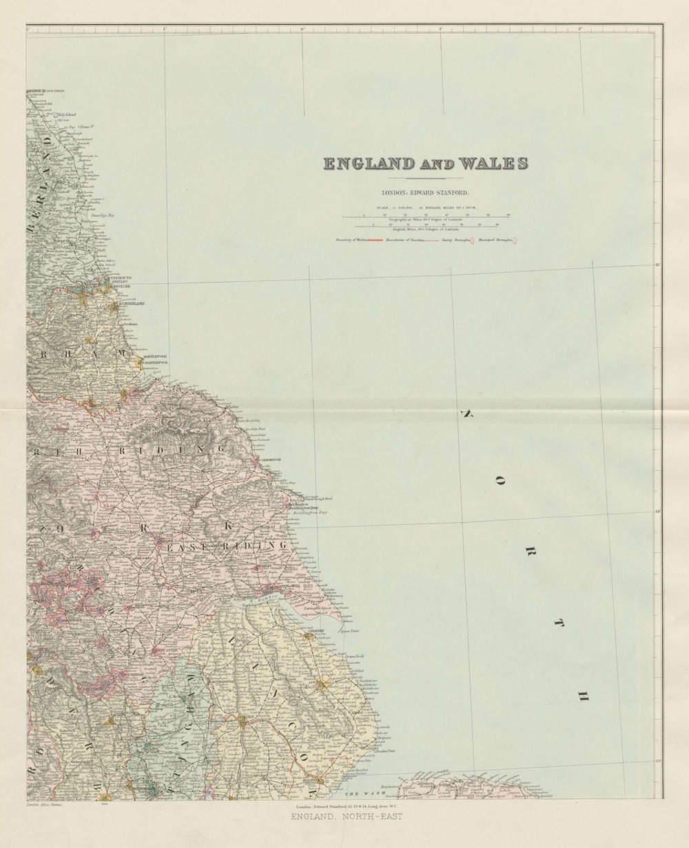 North east England. Tyneside Yorkshire Lincolnshire. 62x51cm STANFORD 1904 map