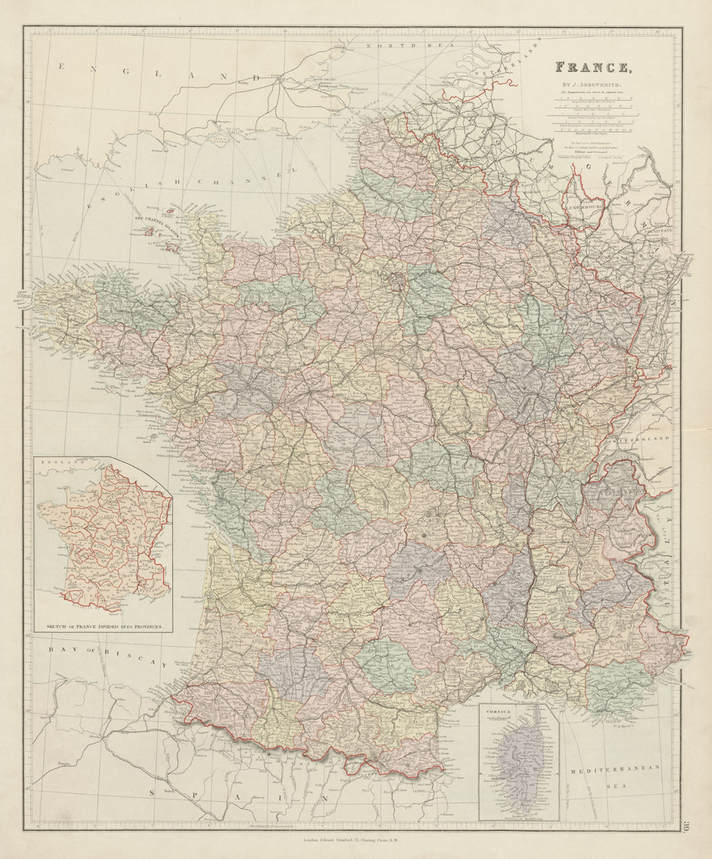 France in departements without Alsace Lorraine. Large 65x54cm. STANFORD 1887 map