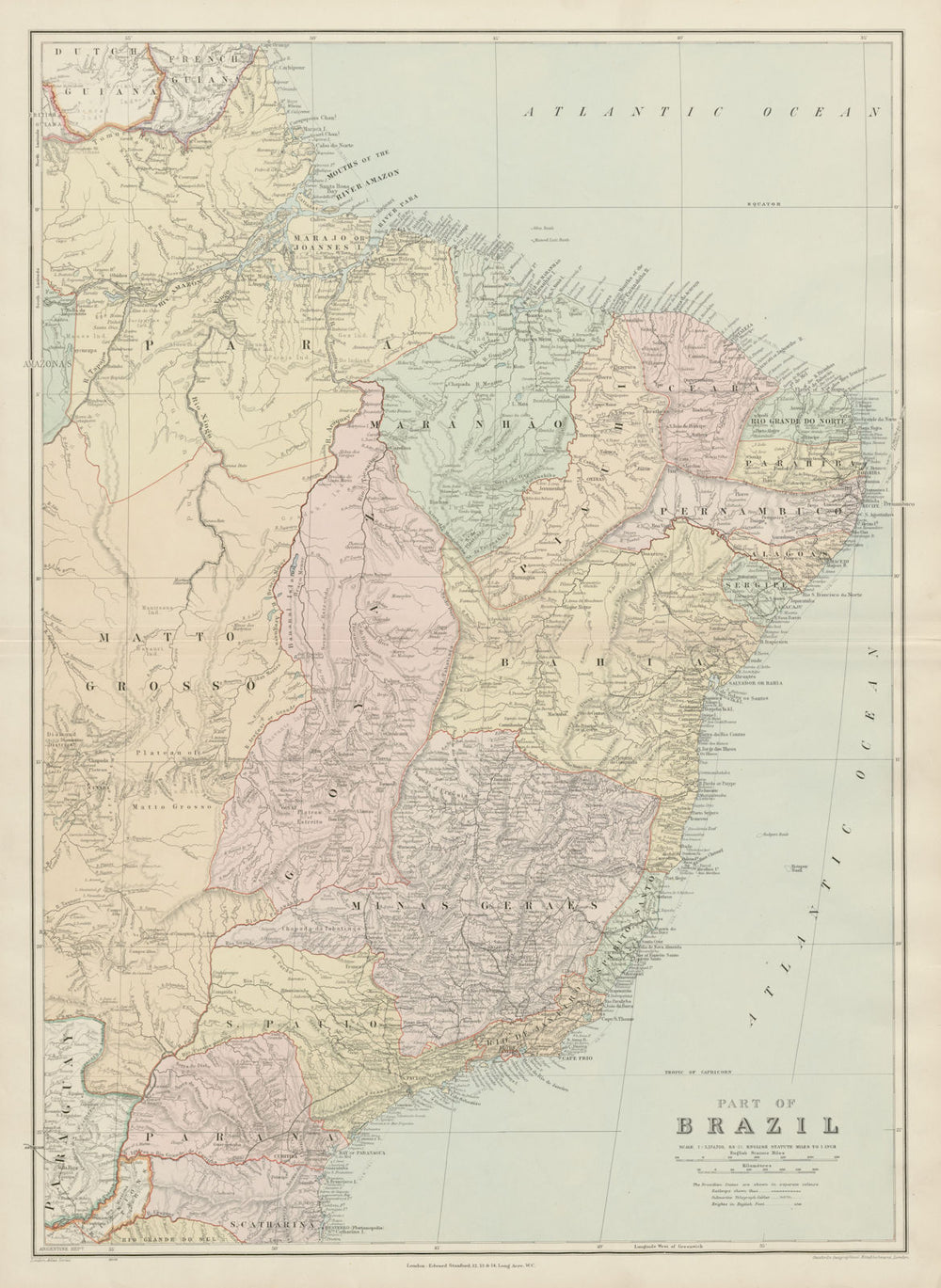 Brazil - eastern part. States. Large. 74x54cm. STANFORD 1904 old antique map