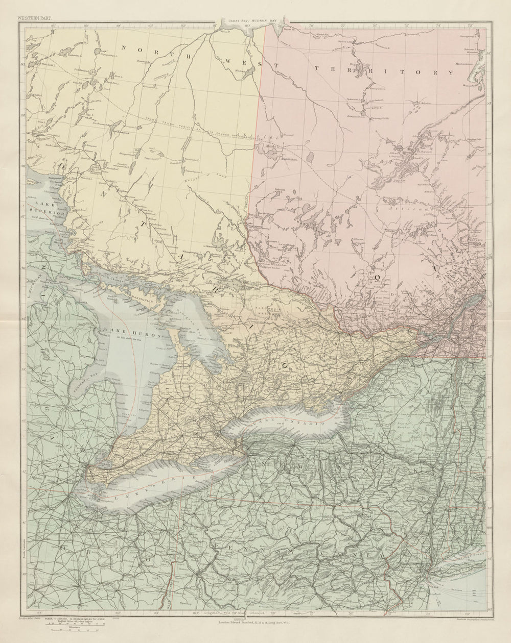 Southern Ontario. Lake Huron Erie. New York state. Great Lakes STANFORD 1904 map