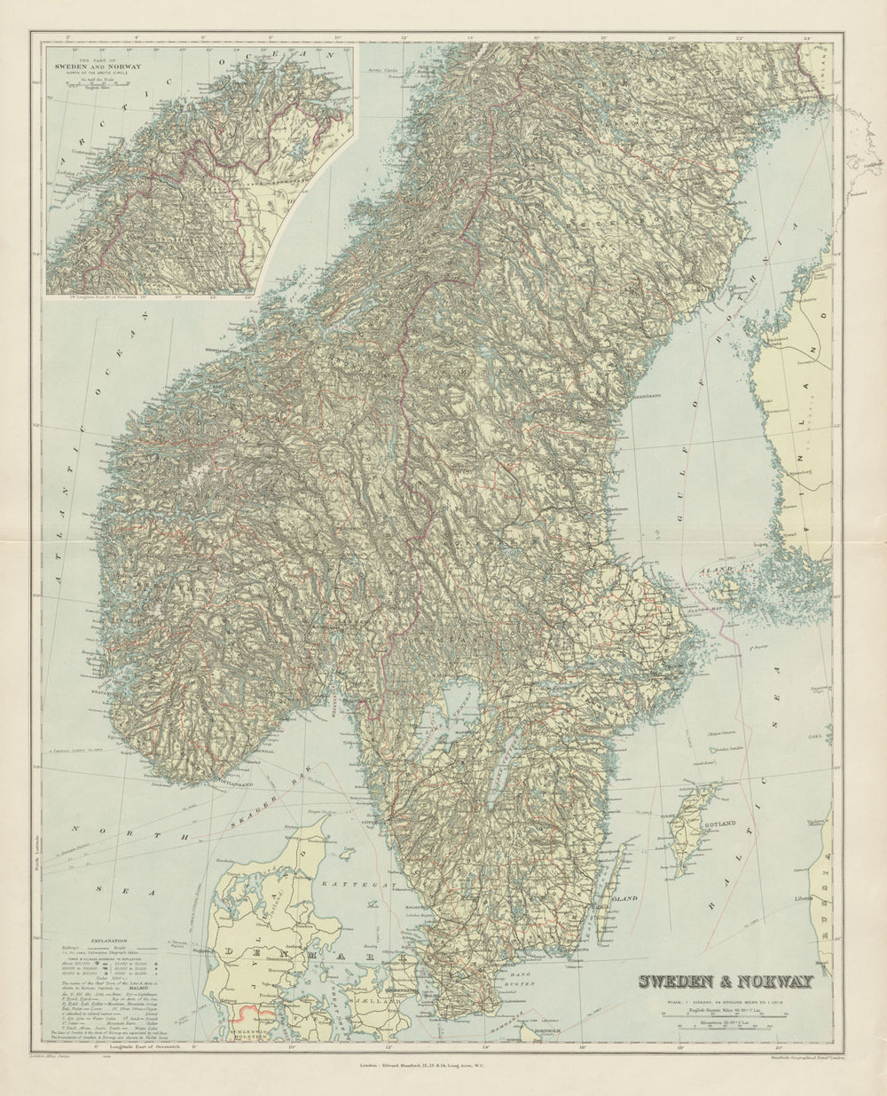 Scandinavia physical mountains fjords glaciers. Sweden Norway. STANFORD 1904 map