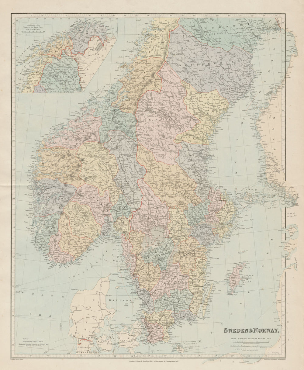 Scandinavia political divisions. Sweden Lims. Norway Amts. STANFORD 1894 map