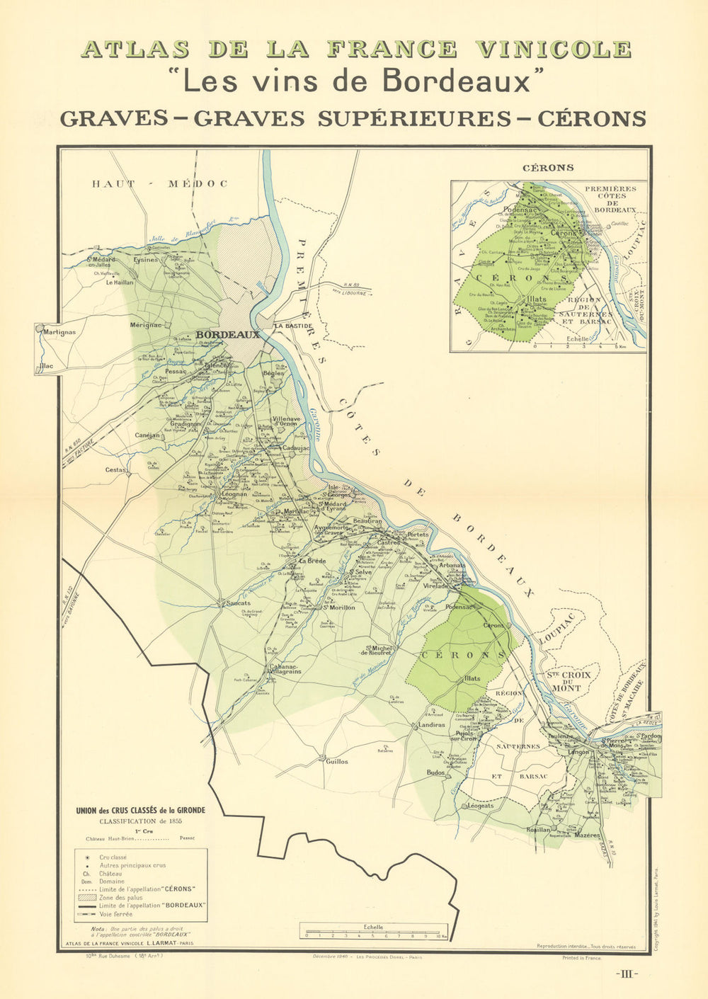 BORDEAUX VINS WINE MAP. Graves - Graves Supérieures - Cérons. LARMAT 1941