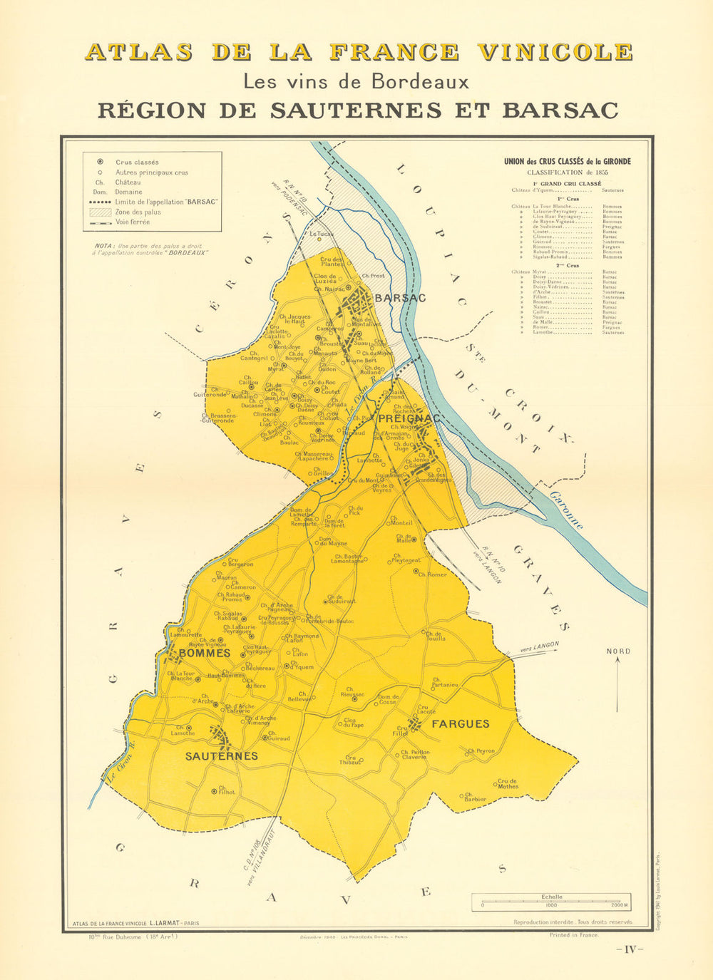 BORDEAUX VINS WINE MAP. Région de Sauternes et Barsac. LARMAT 1941 old