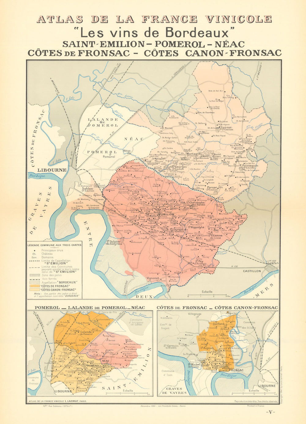 BORDEAUX VINS WINE MAP. St Emilion Pomerol Néac Côtes Canon-Fronsac.LARMAT 1941