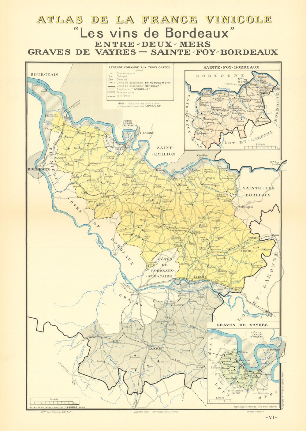 BORDEAUX VINS WINE MAP. Entre-Deux-Mers Graves de Vayres Sainte-Foy. LARMAT 1941