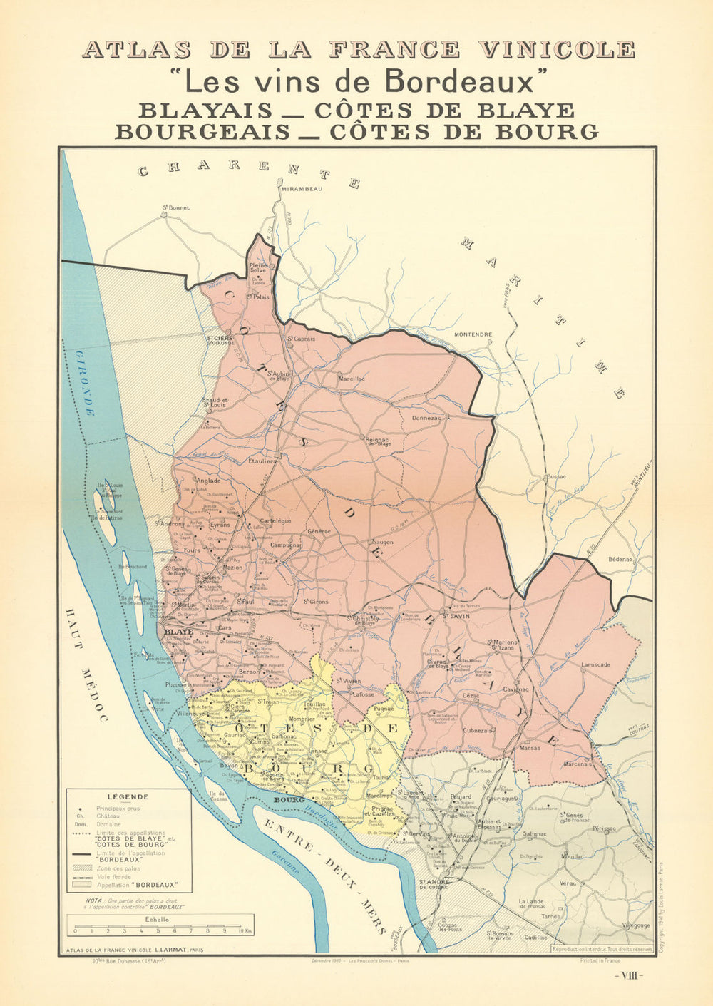 BORDEAUX VINS WINE MAP. Blayais Côtes de Bourg & Blaye Bourgeais. LARMAT 1941