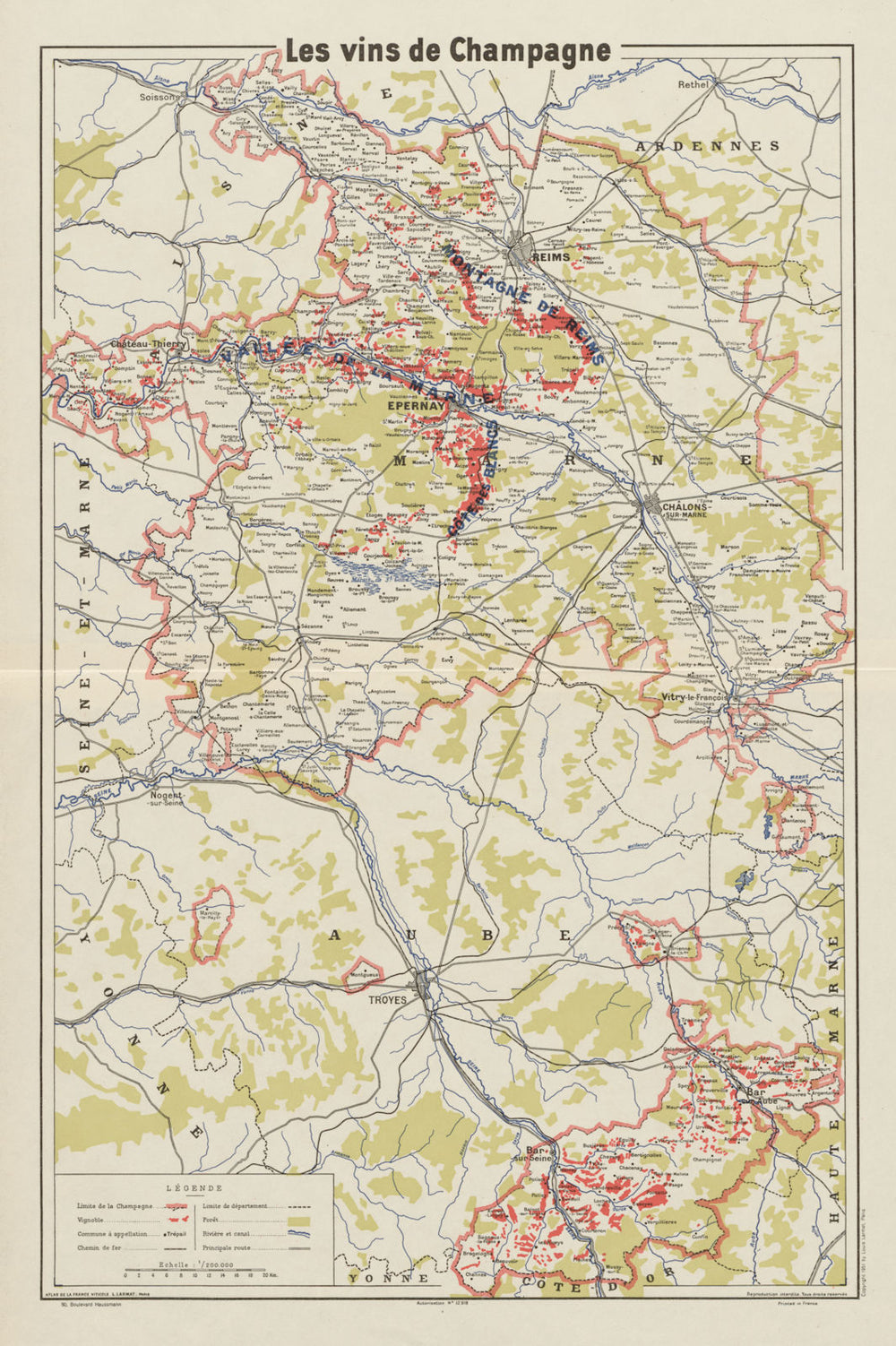 CHAMPAGNE WINE/VINS MAP Carte Générale showing vignobles vineyards. LARMAT 1951