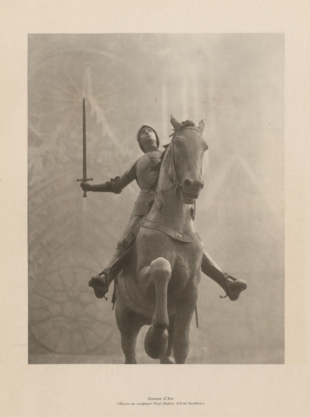 Jeanne d'Arc. Equestrian statue of Joan of Arc, Reims, by Dubois 1944 print