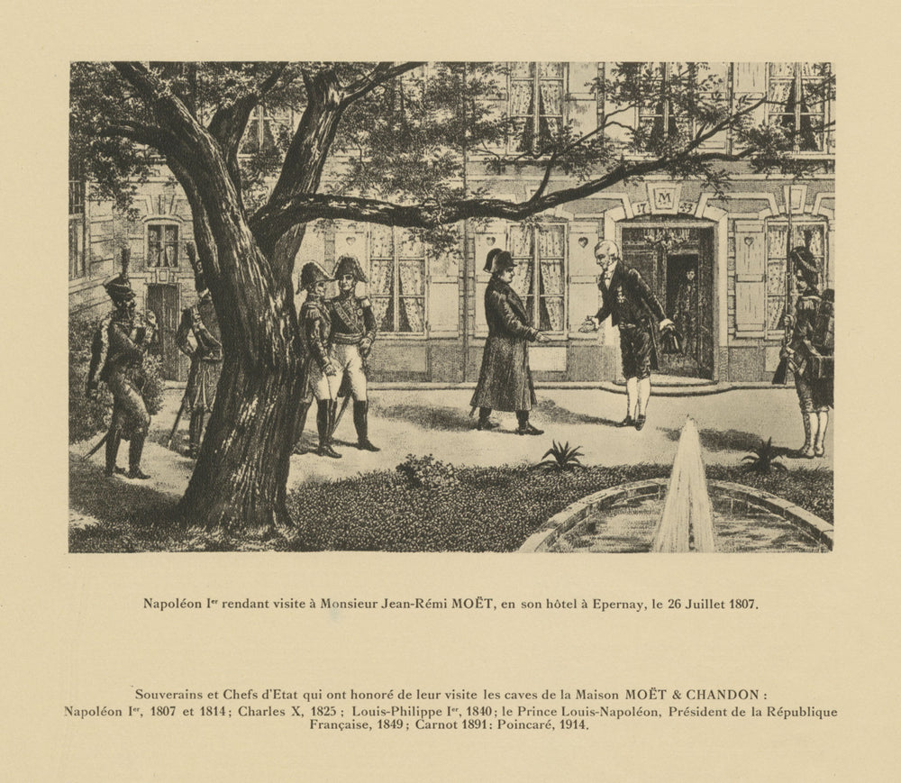 Napoléon visiting Jean-Rémi Moët at Epernay 26 July 1807. Champagne 1944 print