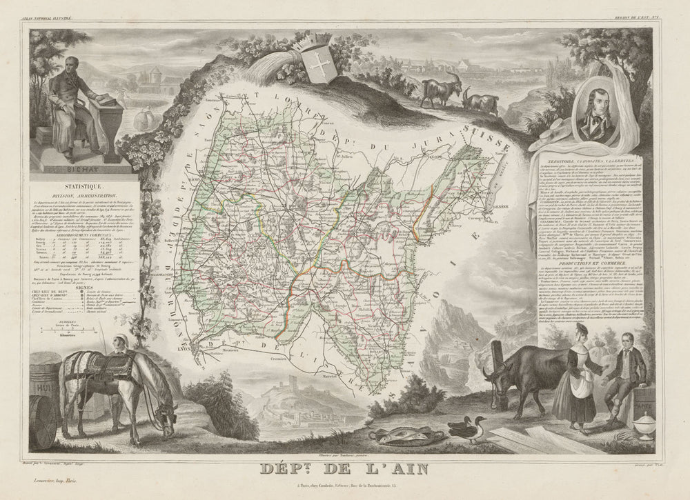 Département de l'AIN. Decorative antique map/carte by Victor LEVASSEUR c1854