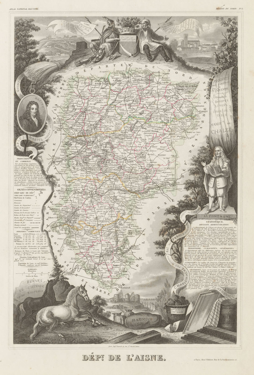 Département de l'AISNE. Decorative antique map/carte by Victor LEVASSEUR c1854