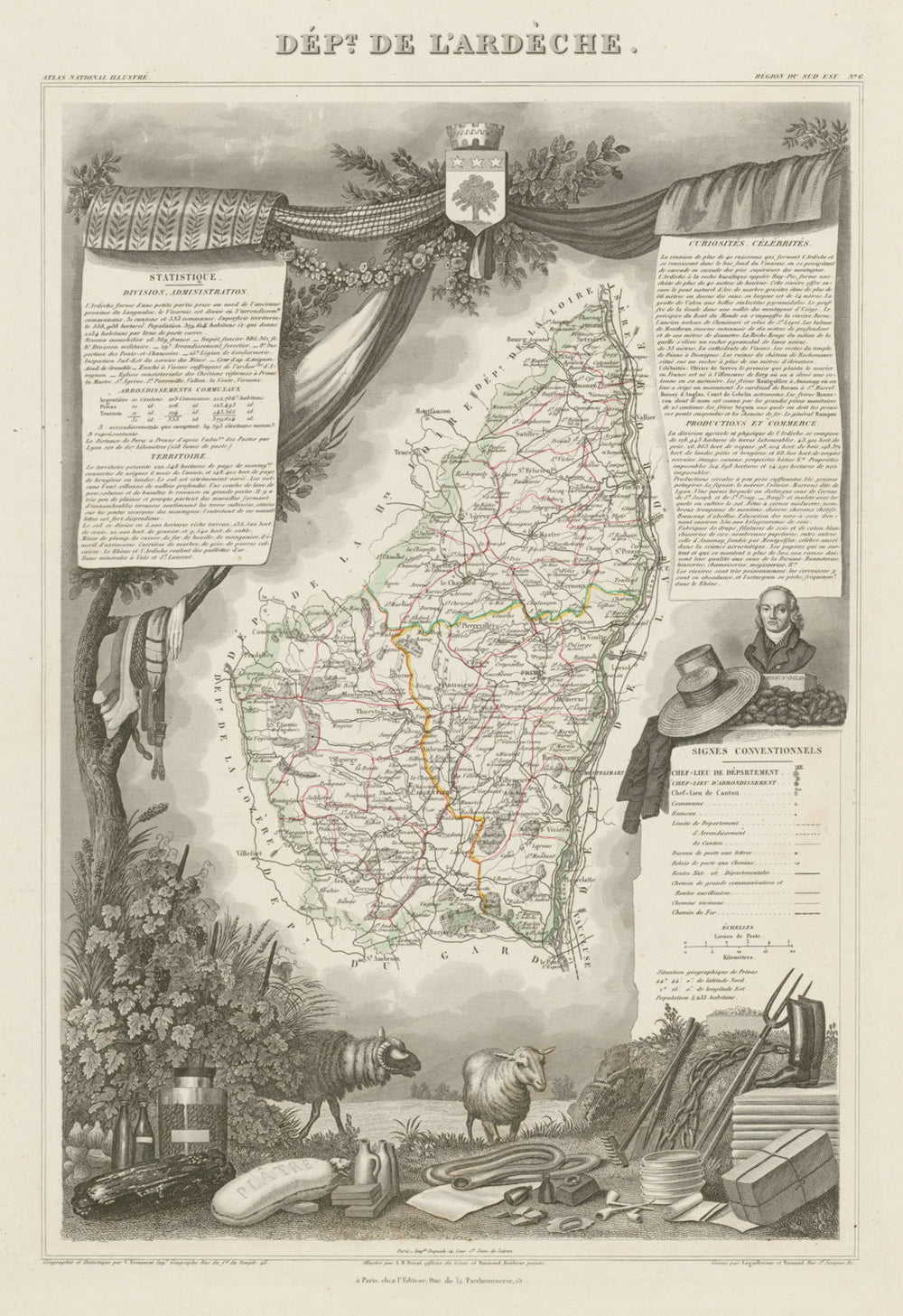 Département de l'ARDÈCHE. Decorative antique map/carte by Victor LEVASSEUR c1854