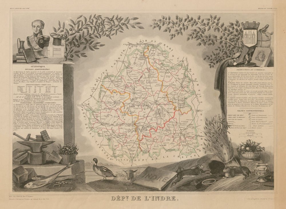 Département de l'INDRE. Decorative antique map/carte by Victor LEVASSEUR c1854