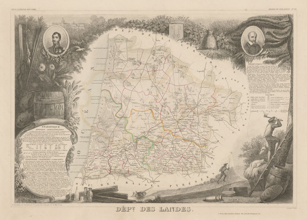 Département des LANDES. Decorative antique map/carte by Victor LEVASSEUR c1854