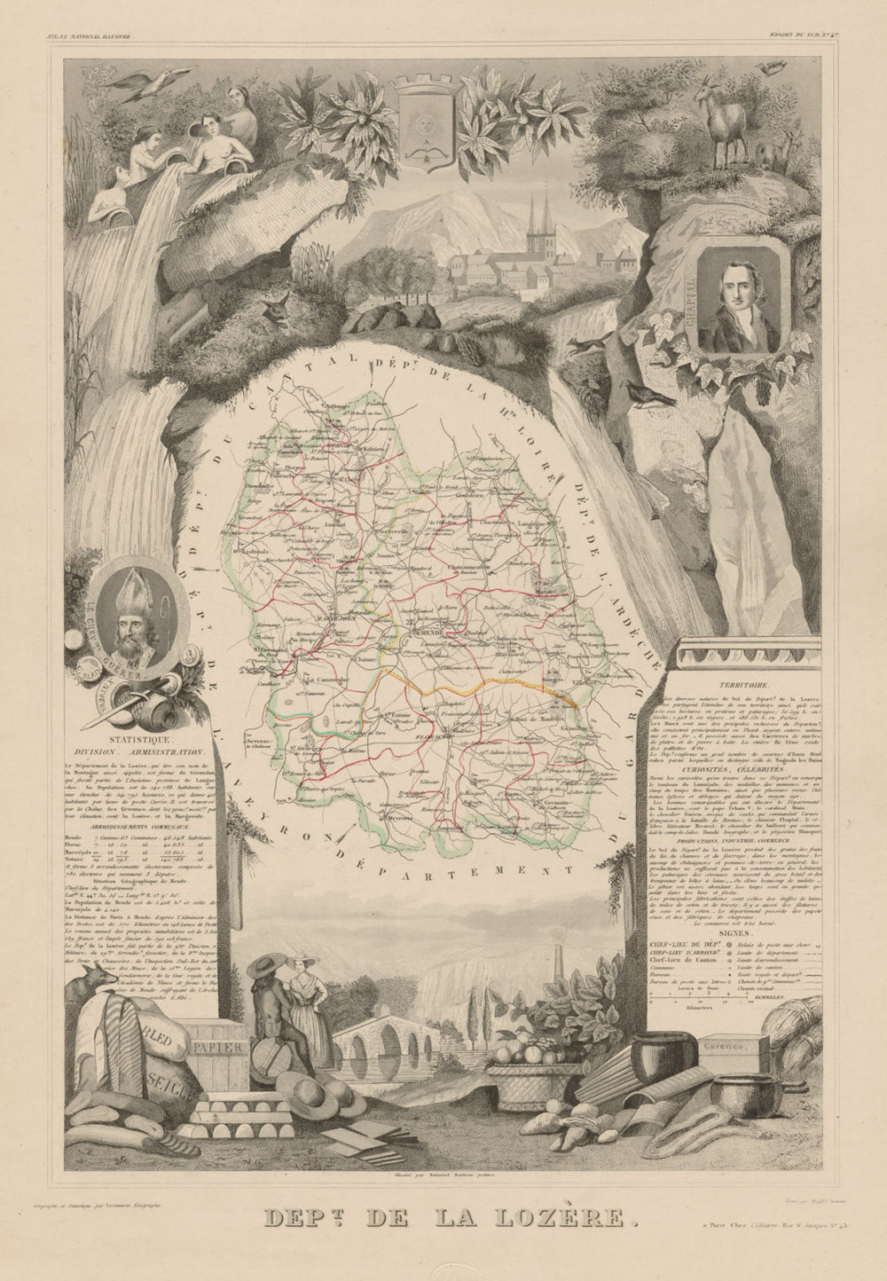 Département de la LOZÈRE. Decorative antique map/carte by Victor LEVASSEUR c1854