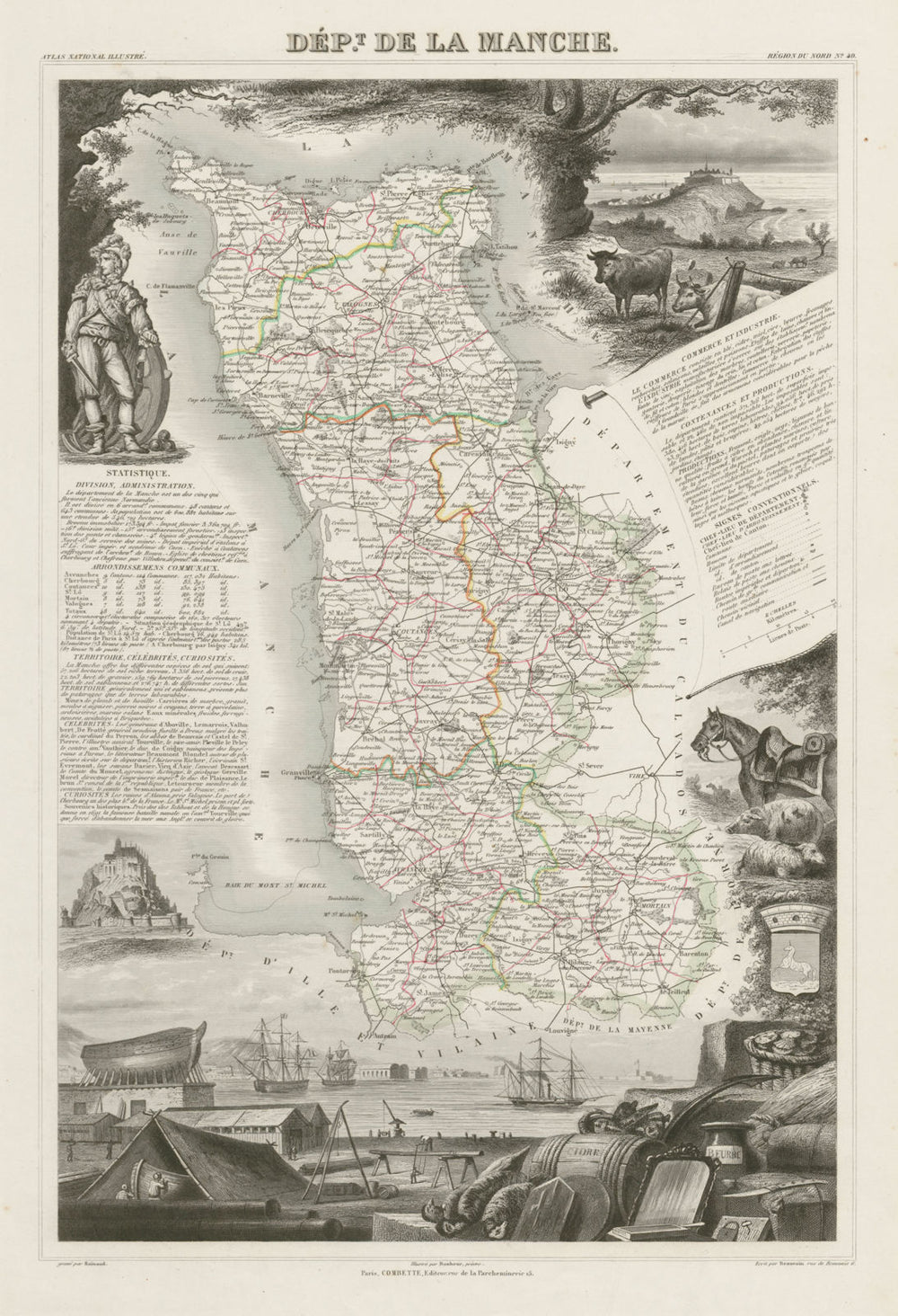Département de la MANCHE. Decorative antique map/carte by Victor LEVASSEUR c1854