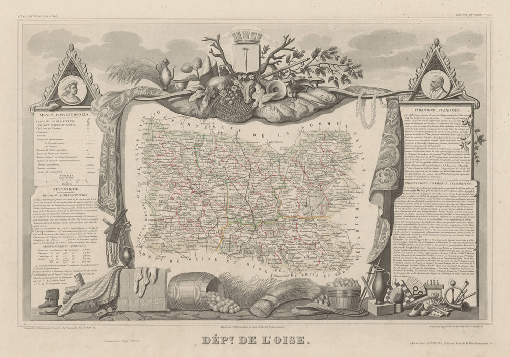 Département de l'OISE. Decorative antique map/carte by Victor LEVASSEUR c1854