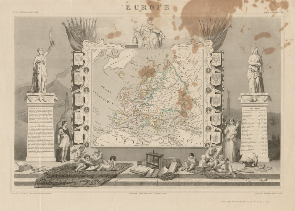 EUROPE. Decorative antique map/carte by Victor LEVASSEUR c1854 old