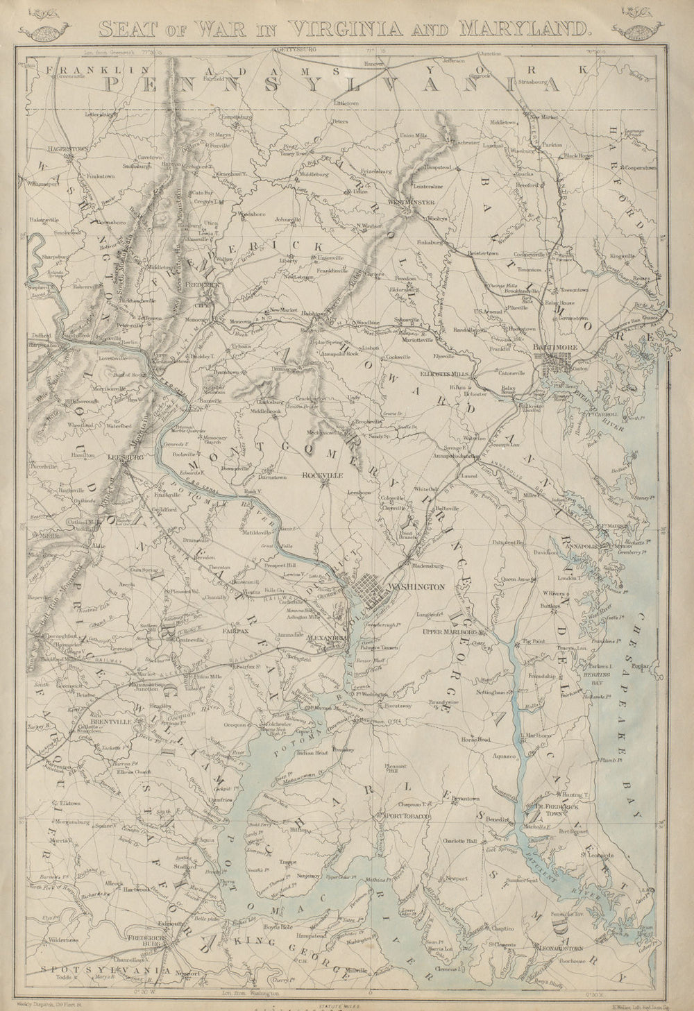 US CIVIL WAR Seat of War in Virginia & Maryland. DC Baltimore. WELLER 1863 map