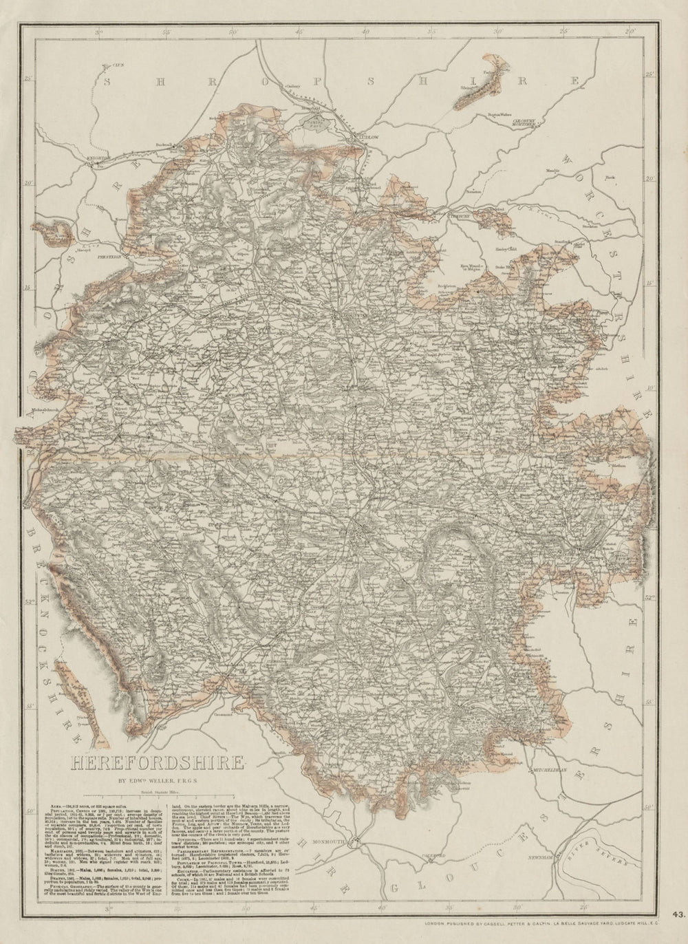 HEREFORDSHIRE antique county map. Showing railways & exclaves. WELLER 1863