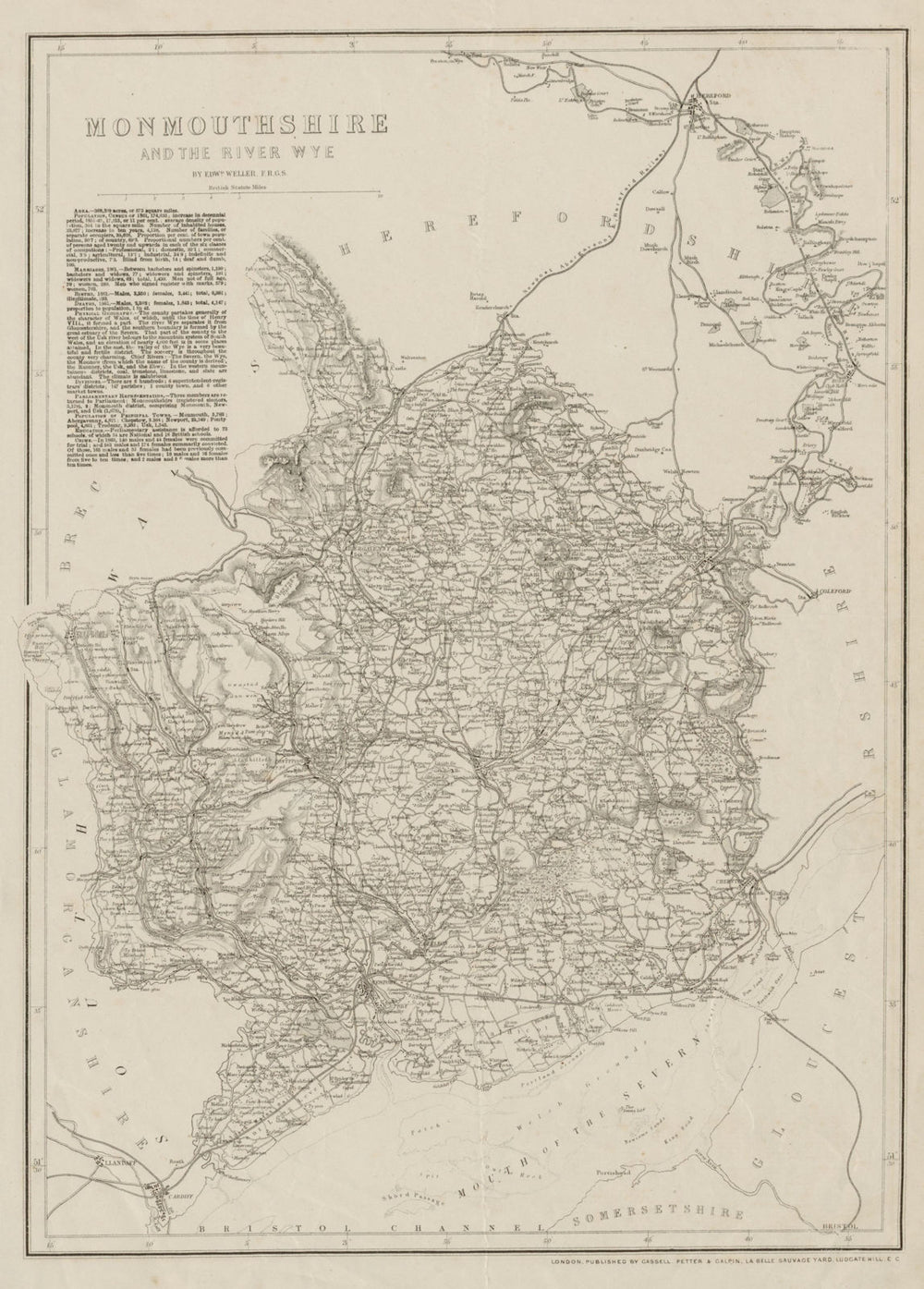 RIVER WYE VALLEY and MONMOUTHSHIRE antique county map. Railways. WELLER 1863