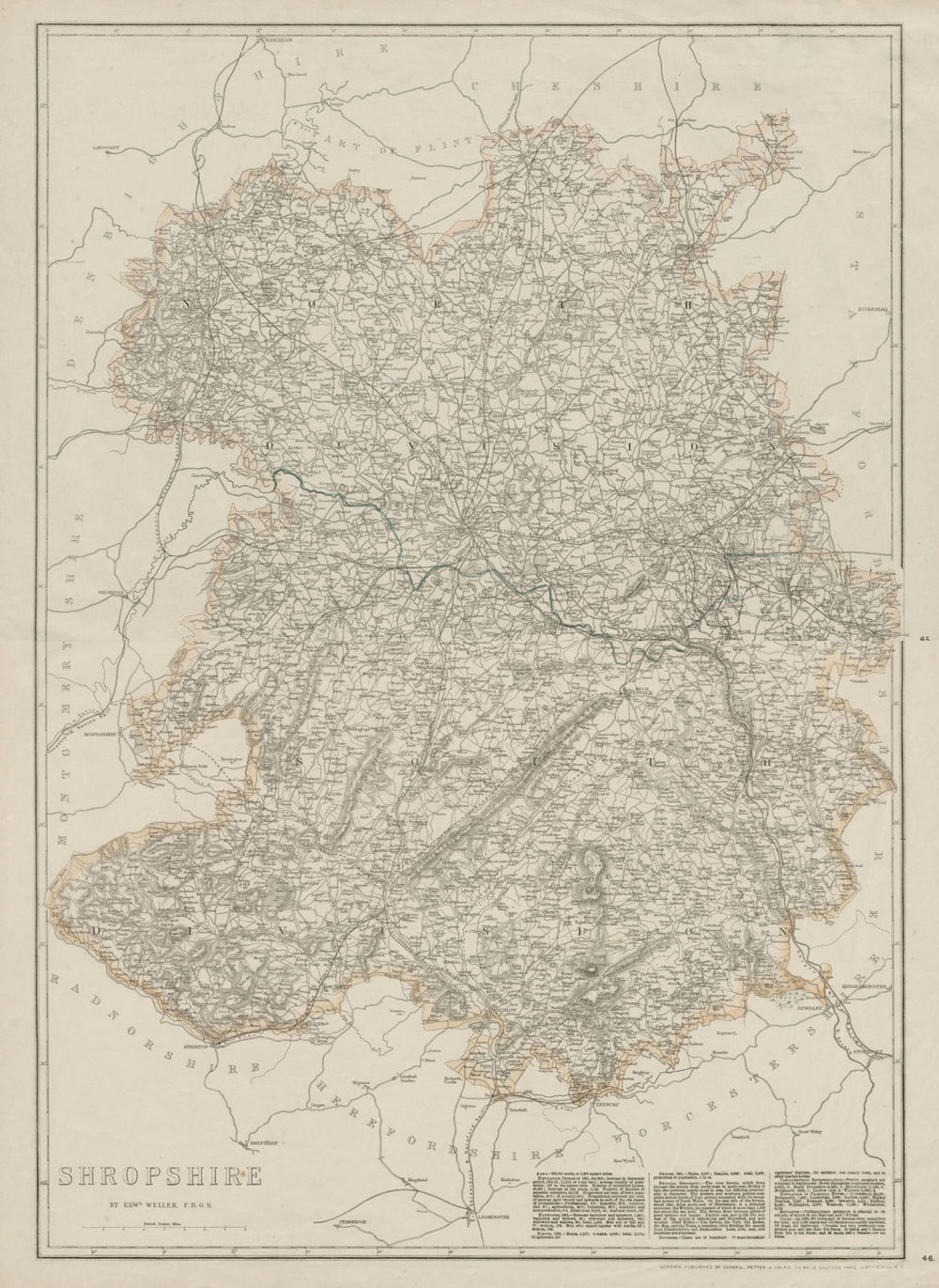 SHROPSHIRE large county map. Railways Stiperstones Wenlock Edge WELLER 1863