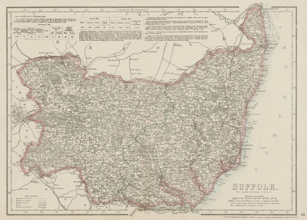 SUFFOLK antique county map. Railways. Bury St Edmunds Ipswich. DOWER 1863