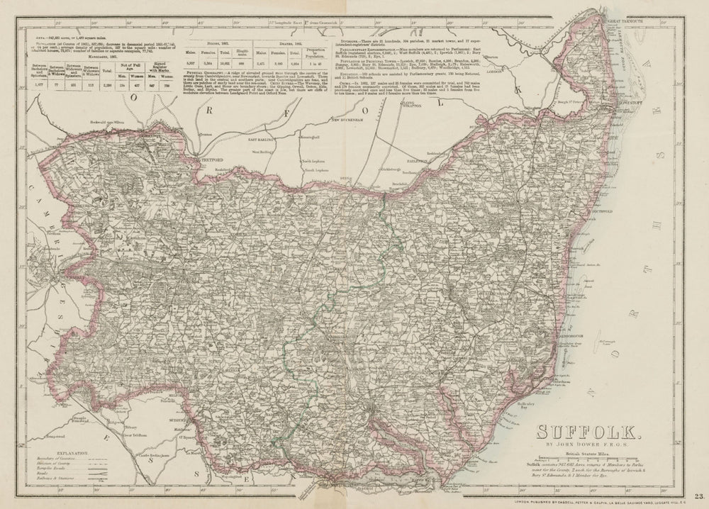SUFFOLK antique county map. Railways. Bury St Edmunds Ipswich. DOWER 1862