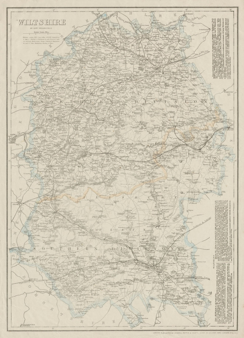 WILTSHIRE antique county map. Salisbury Plain. Railways. WELLER 1863 old