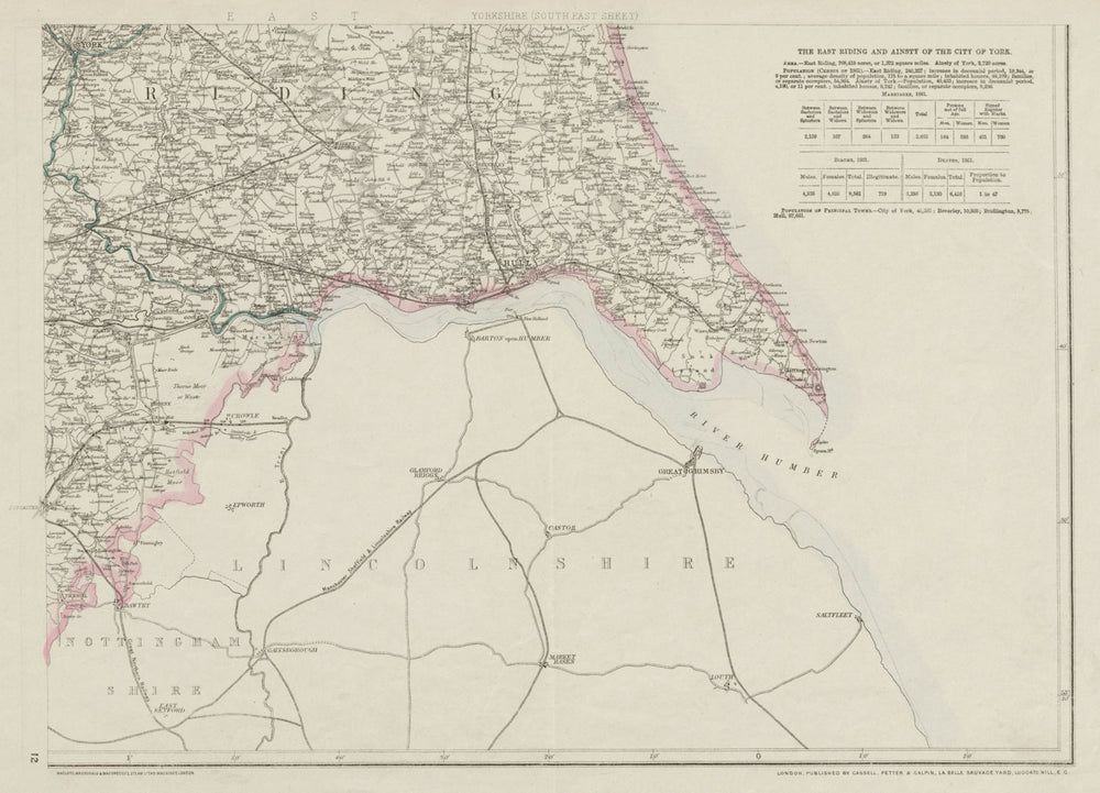 YORKSHIRE SOUTH EAST. Humber estuary. York Hull Grimsby. WELLER 1863 old map