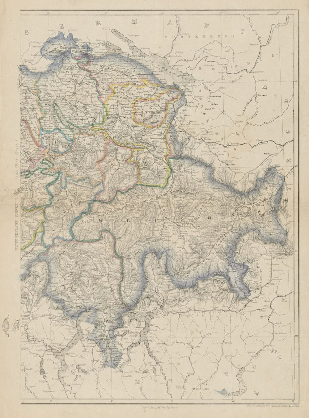 EASTERN SWITZERLAND Grisons Zurich Ticino St Gallen Italian Lakes DOWER 1862 map
