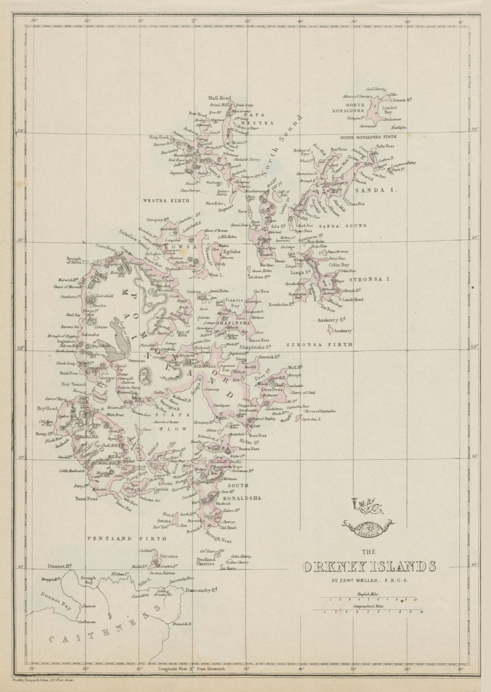 ORKNEY ISLANDS. Kirkwall Mianland Pomona Hoy Scotland. WELLER 1863 old map