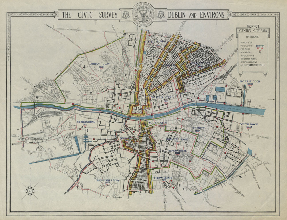 CENTRAL DUBLIN CIVIC SURVEY Hygiene health Population density deaths 1925 map